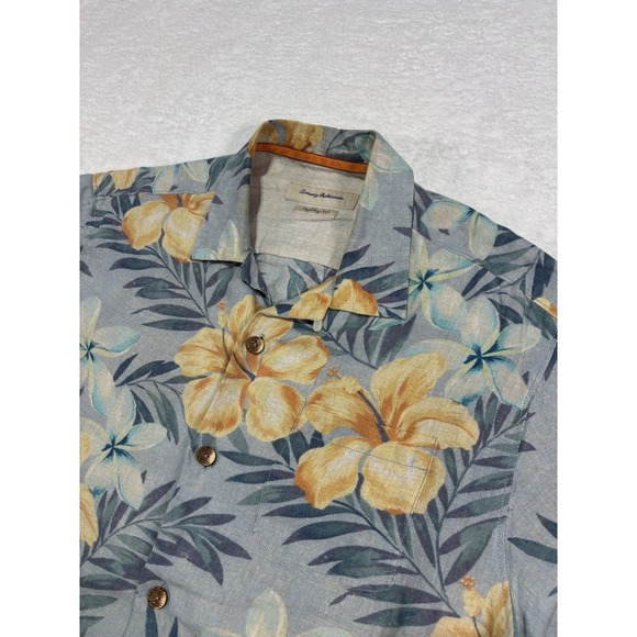 Tommy Bahama Polo Mens Size Medium Original Fit Floral Hawaiian 100% Linen Blue - Picture 1 of 15